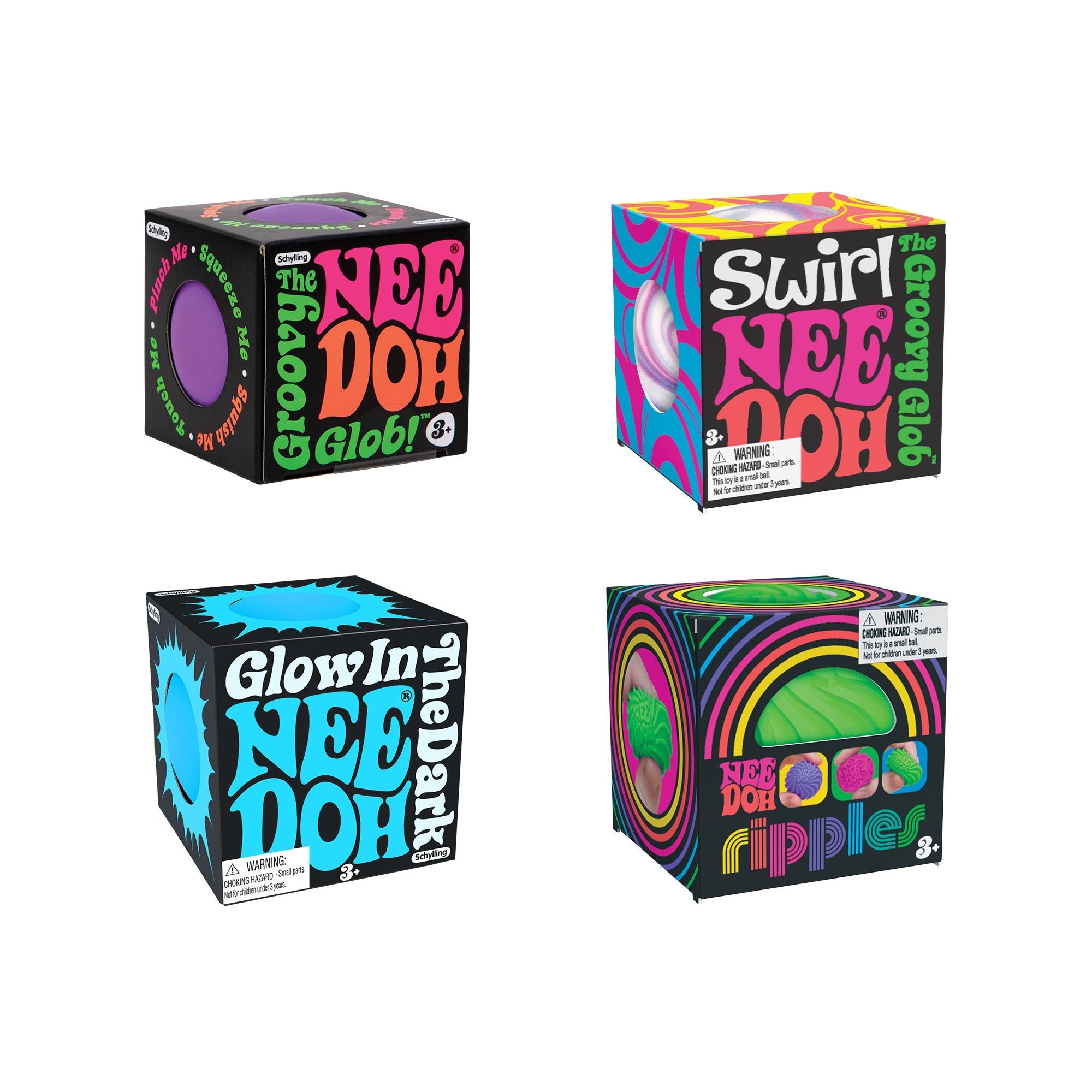 Four groups of Teenie NeeDoh sensory squish balls. The top group is the original Teenie NeeDoh, the middle right group is the Glow in the Dark Teenie NeeDoh, the middle left group is the Teenie NeeDoh Swirl, and the bottom group is the Teenie NeeDoh Ripples.